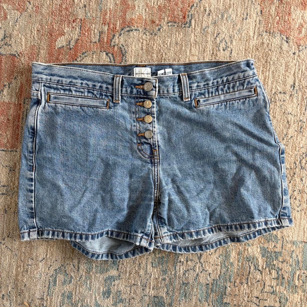 Calvin Klein Jeans Womens Size 8 Blue Denim Y2K Button Fly Micro Shorts Preppy